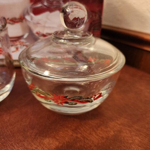 3 Pc Anchor Hocking Holiday Sugar & Creamer Set Poinsettia and Ribbon Design - Picture 5 of 10